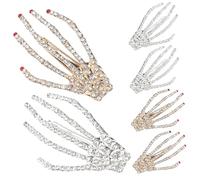 VICASKY 6pcs Halloween Skeleton Hand Hair Clips with Rhinestone Detail Creative Hand Bone Hairpins for Women and Elegant Party Costume Accessories in Gold Red and Silver
