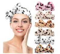 VICASKY 6pcs Leopard Print Coral Fleece Face Wash Headbands with Bowknot Soft Skincare Headbands for Women Spa Makeup Elastic Cozy Facial Care Hair Bands in Coffee Pink Yellow White Beige