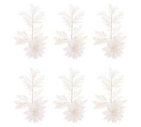 VICASKY 6Pcs White Glitter Artificial Christmas Flowers with Pine Branches and Clips, Fake Pine Sprigs Christmas Tree Decorations, Holiday Table Setting Supplies for Festive Home Decor