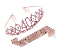 VICASKY Birthday Party Crown Sash Set 40th Birthday Satin Sash and Crystal Crown Hair Comb Decoration for Women Girl Theme Party Supplies (Rose Gold) 2pcs