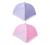 VICASKY Breathable Mesh Food Covers, 2 Pieces 12-Inch Square Foldable Food Cover Tents, Blue and Pink Checkered Cloth, for Picnic and Indoor Kitchen Table Use