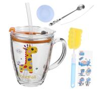 VICASKY Cartoon Glass Milk Cup for Handle Microwave Safe Tempered Glass Tumbler with Measurement Scale Fun Animal Design Preschool Water and Juice Drinking Mug