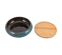 VICASKY Ceramic Hydroponic Lotus Bowl Planter Pot with Blue Glaze and Wooden Tray, 17.5Cm Shallow Round Succulent and Indoor Bonsai Plant Container for Water Culture and Garden Decoration