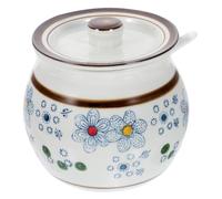 VICASKY Ceramic Sugar Bowl with Lid and Spoon Small Salt Holder and Seasoning Jar for Kitchen Storage Premium Safe Glazed Porcelain Container with Decorative Pattern for Household Use