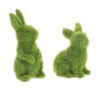 VICASKY Easter Moss Bunny Decor: 2Pcs Green Flocked Rabbit Figurines - Artificial Grass Topiary Sculpture for Spring Table Centerpiece & Outdoor Garden Yard Shelf Decorations