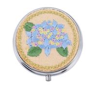 VICASKY Embroidered Applique Mini Balm Storage Box, Round Metal Pill Organizer with 3 Compartments, Handcrafted Floral Design Jewelry and Lip Balm Case for Travel and Daily Use