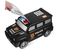VICASKY Fingerprint Piggy Bank Lockable Police Car Toy Electronic ATM Money Box Fingerprint Recognition Music Play Cash and Coin Saving Holder Plastic for Boys and Girls