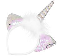 VICASKY Glowing LED Unicorn Headband for Cat Ear Hairband with White Horn Sparkly Party Flash Headdress Colorful Light-up Hair Accessory for Birthday Celebrations and Photo Props