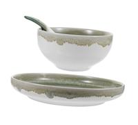 VICASKY Green Ceramic Tableware Set for One Person Crack-Resistant Dinnerware Kit with Bowl Plate Spoon Kiln-Change Color Process Rounded Edges Household Tableware for Daily Use