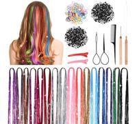 VICASKY Hair Tinsel Kit 16 Colors Mixed Glitter Strands 123cm with Tools and Instruction Manual Colorful Hair Extensions for Braiding Ponytail Party Accessories for Women