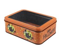 VICASKY Halloween Candy Tin Box with Lid, Orange Witch Themed Metal Tin Container for ’ Treats, Cookie Storage and Holiday Box for Halloween Party Supplies