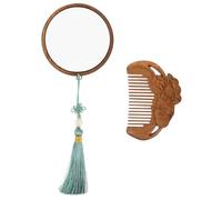 VICASKY Hand-carved Wood Handheld Mirror and Comb Set with Tassel Pendant Portable Retro Makeup Mirror with Clarity and Scalp-friendly Comb Lightweight for Travel and Daily Grooming