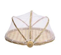 VICASKY Handmade Bamboo Serving Tray Basket with Dustproof Mesh Cover Sturdy Kitchen Storage Organizer for Fruits Vegetables Snacks Indoor Outdoor Use Small Round Pastoral Style