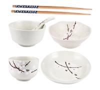 VICASKY Japanese Style Ceramic Tableware for One Person Porcelain Dinnerware with Plum Blossom Pattern Safe Easy to Clean Dining Plates Bowls and Cup