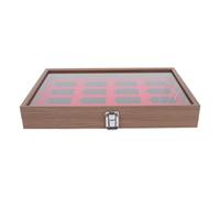 VICASKY Modern Walnut Wood Grain Finish Storage Box with 16 Slots, Window and Secure Lid, Dustproof Desktop Display Case Organiser for Collection at Home or Shelf