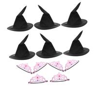 VICASKY Princess Crown and Black Witch Hat Set Soft Pink Crowns Wizard Hats Birthday Party Costume Accessories for Fairytale Cosplay and Themed Decorations