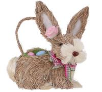 VICASKY Straw Bunny Ornament : Woven Rabbit Easter Decor with Basket - Natural Cornhusk Figurine for Spring Party Garden Table Decoration & Home Mantel Adornment