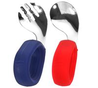 VICASKY Toddler Utensils Spoons and Forks Set 2pcs 304 Stainless Steel Bent Handle Baby Feeding Fork and Spoon Set Red and Blue Baby Tableware Infant Training Accessories