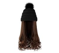 VICASKY Warm Crochet Hat Wavy Wigs High Temperature Silk Wool Material No Tape Glue Or Sew Needed Realistic Look Party Appointment Black Knitted Cap with Detachable Long Wavy Hair
