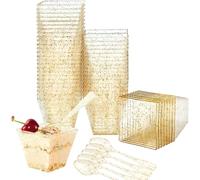 Viceda Dessert Bowls, 50 Pcs 2oz/60ml Mini Plastic Dessert Cups, Gold Serving Dessert Bowl for Jelly, Cheesecake, Mousse, Puddings, Tiramisu