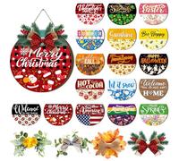 Vicenpal 22 Pcs Interchangeable Welcome Sign for Front Door with 17 Magnetic Icon Wooden Seasonal Front Porch Door Decor with 4 Seasonal Wreaths for Holiday Halloween Christmas Gift (Blue,Rustic)