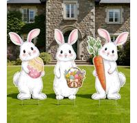Vicenpal 3 Pcs Large Easter Decorations Outdoor Easter Yard Signs with Metal Stakes Bunny Decorations Rustic White Rabbits Outdoor Garden Sign Waterproof Lawn Signs for Party Patio Lawn Garden Decor