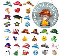 Vicenpal 35 Pcs Christmas Interchangeable Highland Cow Welcome Sign Highland Cow Seasonal Wooden Hanging Door Decor Thanksgiving Farmhouse Hanging Sign for Front Door Xmas Party (Grey Blue)