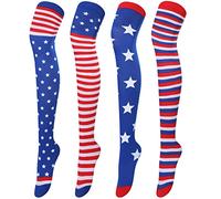 Vicenpal 4 Pairs 4th of July Patriotic American Flag Thigh High Socks, Red White Blue Stars Striped over Knee Socks for Women Men USA Stocking for Costume Party Decoration