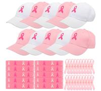 Vicenpal 40 Pack Breast Cancer Awareness Favors Pink and White Baseball Hats Sports Caps, Pink Silicone Bracelets, Ribbon Pins for Women Breast Cancer Charity Event Fundraising Campaign Party Supplies