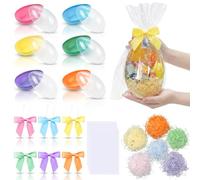 Vicenpal 6 Pcs Jumbo Fillable Easter Eggs 7.7'' Giant Translucent Plastic Eggs with Pastel Bows Raffia Grass for Easter Basket Stuffers Hunt games Party Favors