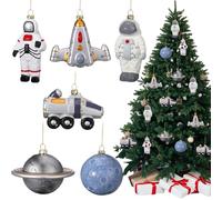 Vicenpal 6 Pcs Outer Space Christmas Ornaments 5 Inch Christmas Tree Decorations Shatterproof Plastic Astronaut, Rocket, Saturn, Blue Planet & Spacecraft Hanging Decor with Rope for Xmas Gifts