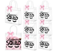 Vicenpal 6 Sets Clear Sleepover Gift Bag with Handles 6 Pcs Pink Bows PVC Plastic Spa Party Treat Goodie Snack Bags Sleepover Squad Theme Party Favors for Birthday Slumber Parties, 7.9 x 7.9 x 3.1''