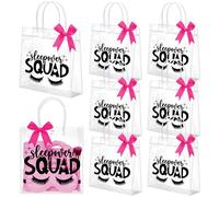 Vicenpal 6 Sets Clear Sleepover Gift Bags with Handles 6 Pcs Bows PVC Plastic Hot Pink Spa Theme Party Goodie Treat Snack Bags Sleepover Squad Slumber Party Favor for Birthday, 7.9 x 7.9 x 3.1''