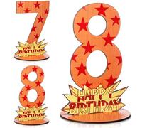 Vicenpal 8th Anime Theme Birthday Decoration, Yellow and Red Stars Print Table Centerpiece Wooden Number 7 8 Stand Sign Table Decoration Photo Props for Dragon Birthday Supplies