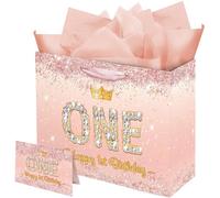 Vichona Rose Gold Happy 1st Birthday Gift Bag for Girls, Baby Girl first Birthday Gifts Decorations, 1 Year Old Gift Bag Card for Daughter, Granddaughter