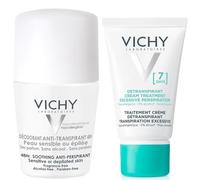 Vichy Deodorant Duo - 48H Anti-Perspirant Roll-On for Sensitive Skin with Soothing Care - 7 Day Cream Sweat Treatment for Underarms or Feet - 50ml + 30ml