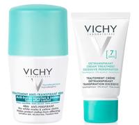 Vichy Deodorant Duo - No Marks Roll-On Anti-Perspirant for White & Yellow Stains - 7 Day Sweat Reduction Cream Treatment - 50ml + 30ml Set