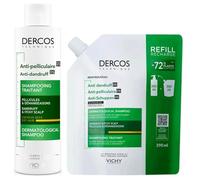 Vichy Dercos Anti-Dandruff Shampoo Duo Pack - For Dry, Itchy Scalp - Anti-Itch & Flake Reducing Formula - 200ml Bottle + 390ml Eco Refill