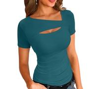 VICHYIE Womens Fashion Fall Clothes One Piece Cutout Tops Long Sleeve Ribbed Slim Fitted Shirts Tee Tshirts, Short-teal, M