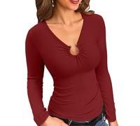 VICHYIE Women's Long-Sleeved Shirt with Hole Detail on the Neck, Ribbed Structure, Elegant Basic Top, claret, S