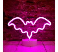 Vicila LED Neon Bat Lights Halloween Decorations, Bat Shape Neon Signs Night Lights Battery Operated Desk Table Lamp for Bedroom, Bar, Wall, Spooky Decor-Bat with Holder Base(Pink)