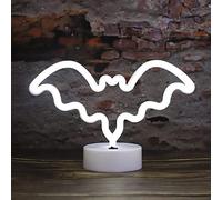 Vicila LED Neon Bat Lights Halloween Decorations, Bat Shape Neon Signs Night Lights Battery Operated Desk Table Lamp for Bedroom, Bar, Wall, Spooky Decor-Bat with Holder Base(White)