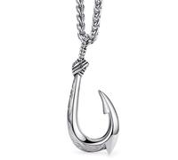 vicima Stainless Steel Fish Hook Necklace for Men, Double-Sided 3D Hawaiian Makau Pendant, Maui Necklace Nautical Lucky Charm Jewelry with 24" Wheat Chain