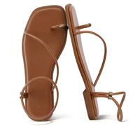 Viciously Vixen Womens Flats Loop Sandals Square Toe Strappy Ankle Strap Summer Flat, Brown With Gold Loop, 8 UK