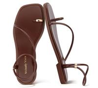 Viciously Vixen Womens Flats Loop Sandals Square Toe Strappy Ankle Strap Summer Flat, Chocolate With Gold Loop, 8 UK