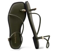 Viciously Vixen Womens Flats Loop Sandals Square Toe Strappy Ankle Strap Summer Flat, Olive With Gold Loop, 8 UK