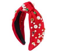 VicJasmine Knotted Headband for Women Girls - Rhinestone Crystal Pearl Embellished Jeweled Hairband Wide Top Knot Fashion Accessories Birthday Party Gift Hair Band (Red)