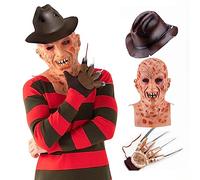vickkt 4PCS Halloween Scary Krueger Costume for Men Red Striped Sweater Creepy Mask Steel Claw Glove Cowboy Hat Adult (Large)