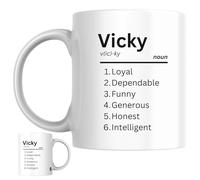Vicky Personalised Ceramic Mug | Personalised Dictionary Name Definition Coffee Mug, Novelty Gift for a Wife, Girlfriend, Friend or Colleague Named Vicky