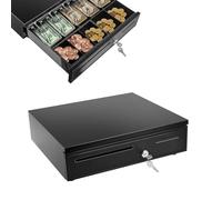 VickyHome Metal Cash Box with Key Lock, Heavy Duty Electronic Cash Register Till Drawer Box with 5 Bill, 5 Coin Trays Key Lock System for Stores Businesses, Black, 40.5x42x10cm